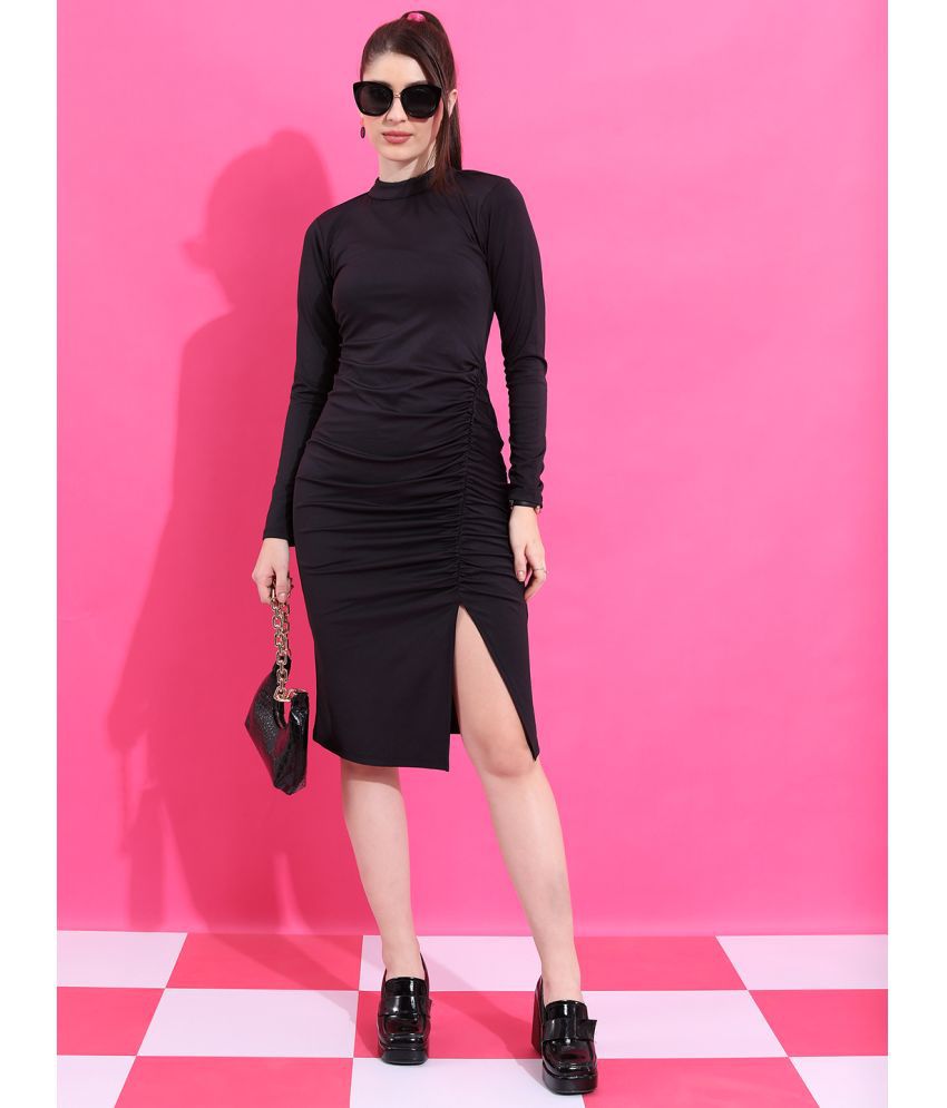     			Ketch Polyester Blend Solid Knee Length Women's Side Slit Dress - Black ( Pack of 1 )
