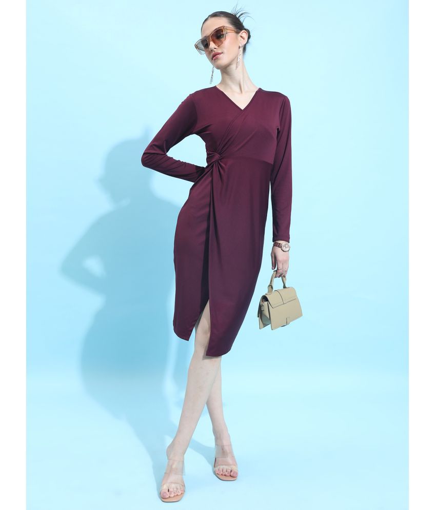     			Ketch Polyester Blend Solid Knee Length Women's Wrap Dress - Burgundy ( Pack of 1 )