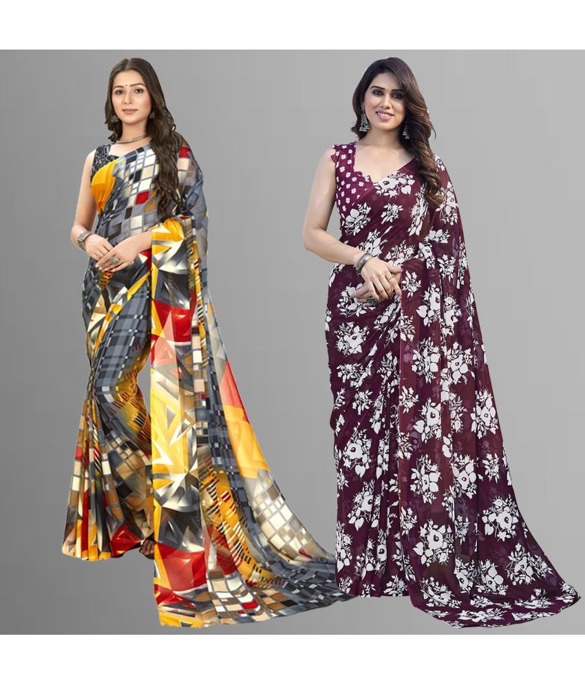     			Kashvi Sarees Georgette Printed Saree With Blouse Piece - Multicolour ( Pack of 2 )