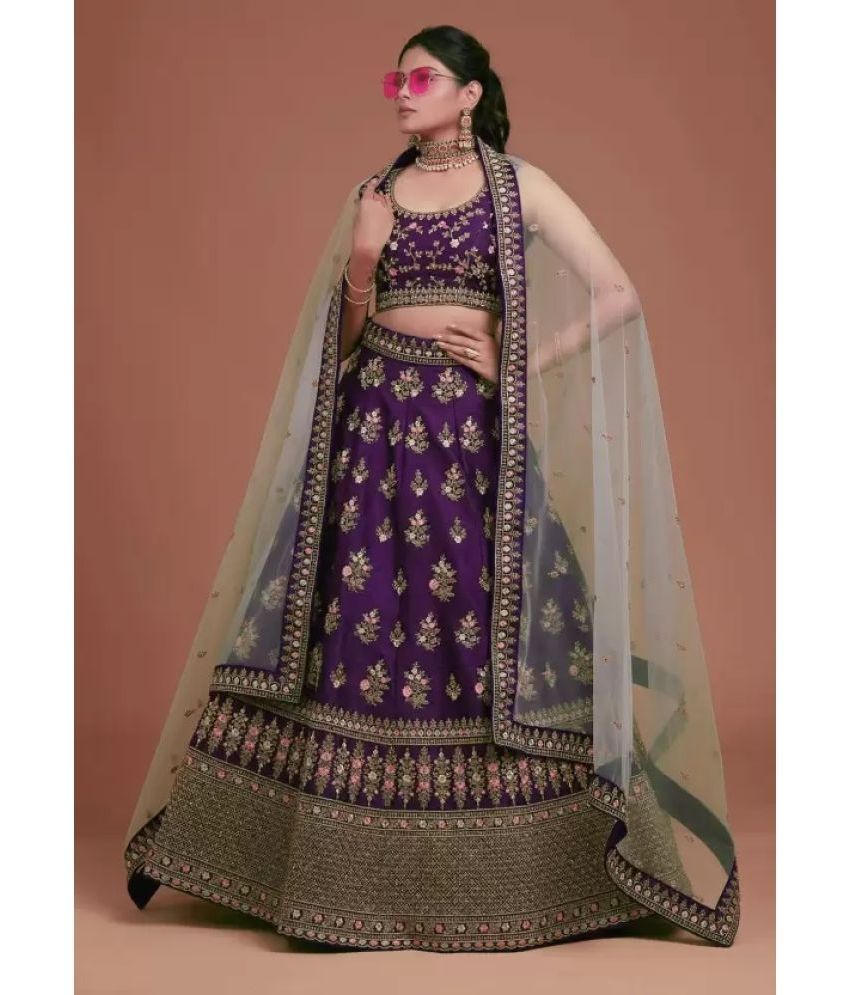     			Apnisha Purple Silk Chaniya Choli Unstitched Lehenga Single