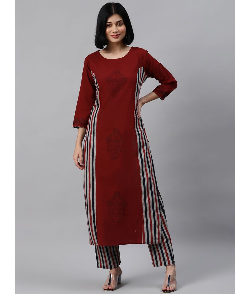     			Varanga Cotton Blend Printed Kurti With Pants Women's Stitched Salwar Suit - Maroon ( Pack of 1 )