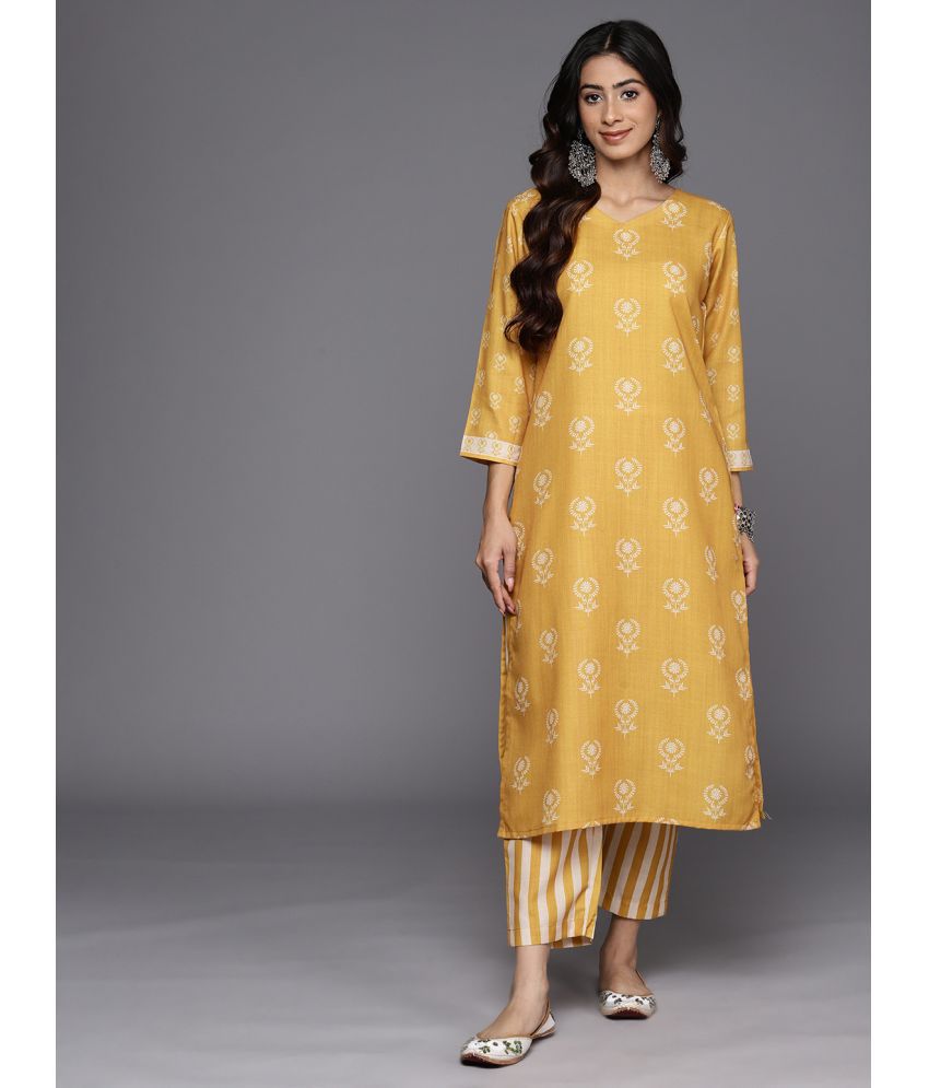     			Varanga Cotton Blend Printed Kurti With Pants Women's Stitched Salwar Suit - Mustard ( Pack of 1 )