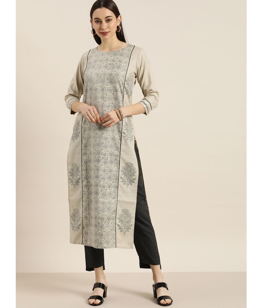     			Varanga Cotton Blend Printed Kurti With Pants Women's Stitched Salwar Suit - Beige ( Pack of 1 )