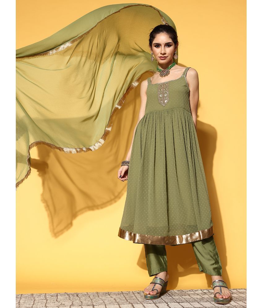     			Varanga Silk Blend Embroidered Kurti With Pants Women's Stitched Salwar Suit - Green ( Pack of 1 )