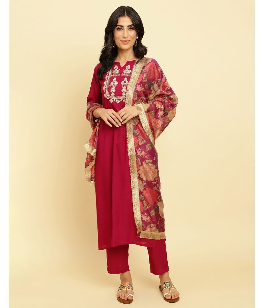     			Varanga Viscose Embroidered Kurti With Pants Women's Stitched Salwar Suit - Magenta ( Pack of 1 )