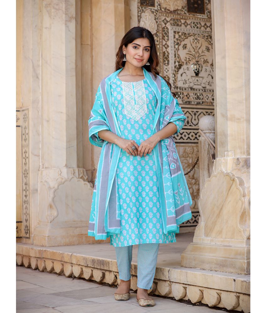     			Yufta Cotton Embroidered Kurti With Pants Women's Stitched Salwar Suit - Turquoise ( Pack of 1 )