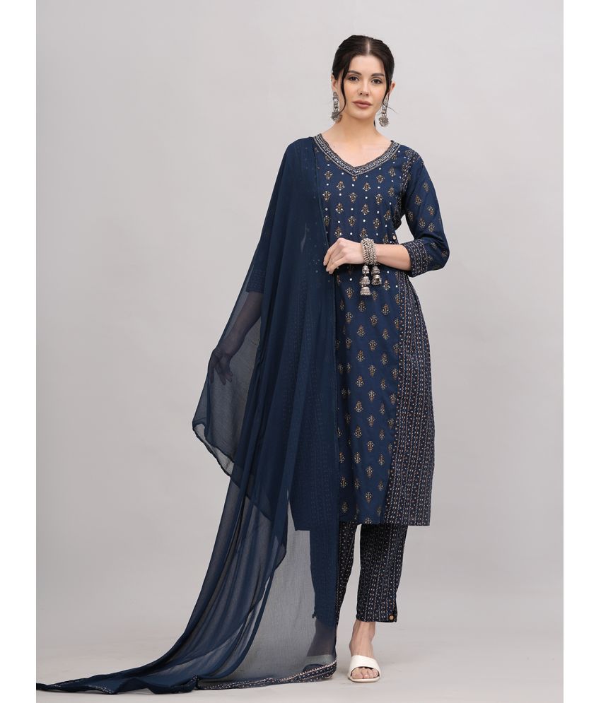     			JC4U Cotton Printed Kurti With Pants Women's Stitched Salwar Suit - Navy Blue ( Pack of 1 )