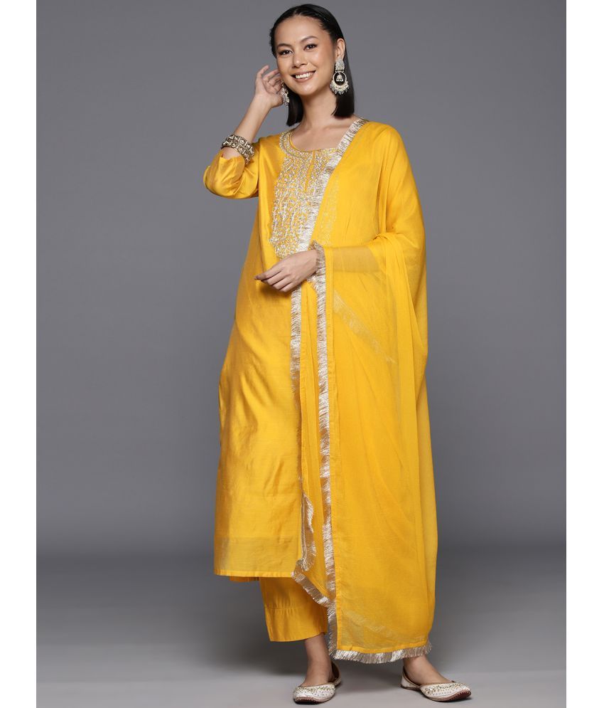     			Varanga Chanderi Embroidered Kurti With Pants Women's Stitched Salwar Suit - Yellow ( Pack of 1 )