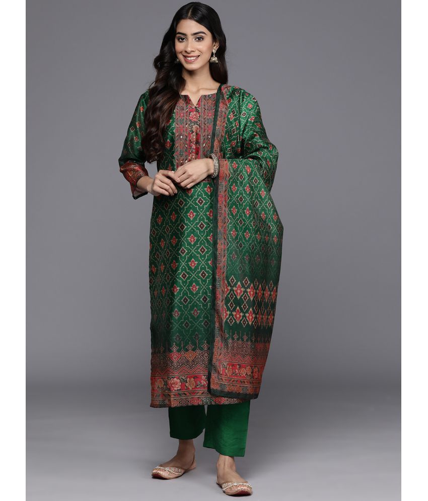     			Varanga Chanderi Printed Kurti With Pants Women's Stitched Salwar Suit - Green ( Pack of 1 )