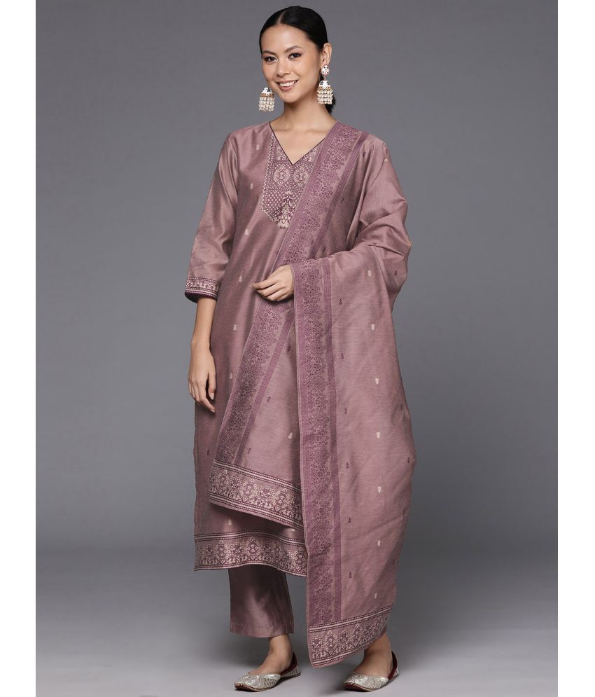     			Varanga Chanderi Self Design Kurti With Pants Women's Stitched Salwar Suit - Purple ( Pack of 1 )