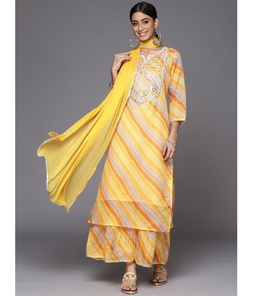     			Varanga Cotton Blend Embroidered Kurti With Pants Women's Stitched Salwar Suit - Yellow ( Pack of 1 )