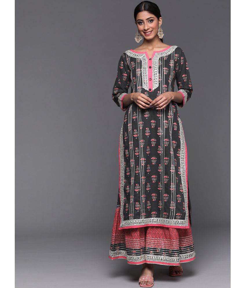     			Varanga Cotton Blend Printed Kurti With Pants Women's Stitched Salwar Suit - Grey ( Pack of 1 )