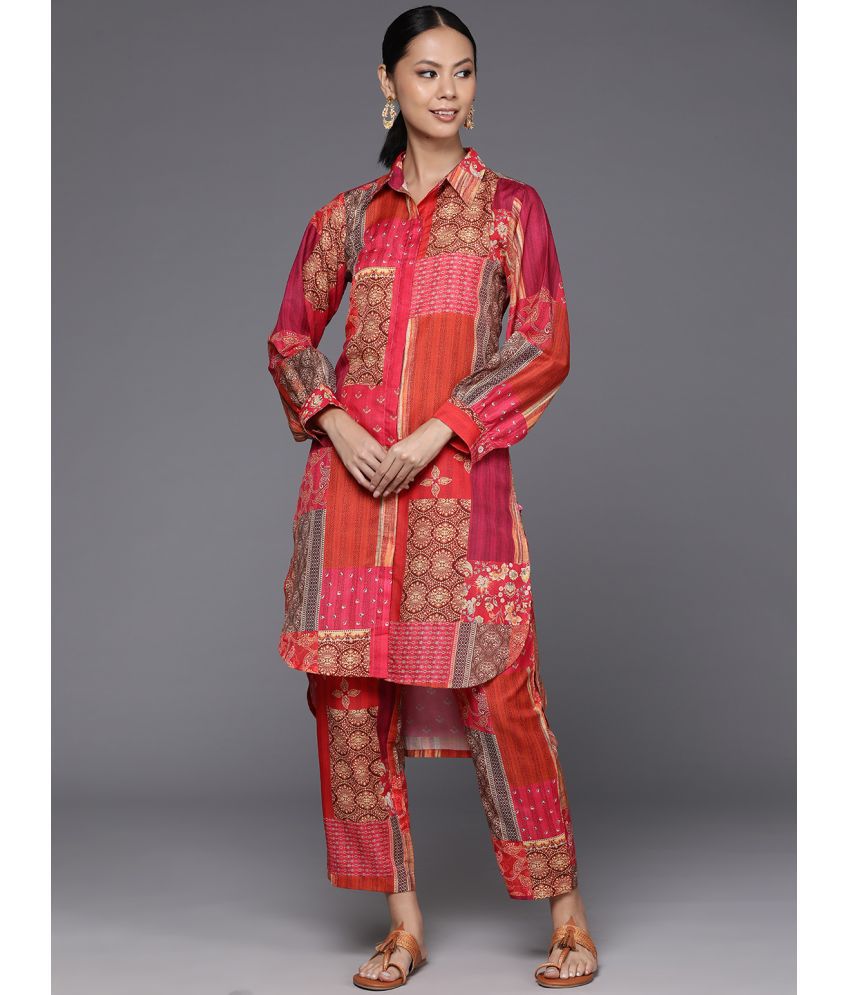     			Varanga Cotton Blend Printed Kurti With Pants Women's Stitched Salwar Suit - Pink ( Pack of 1 )