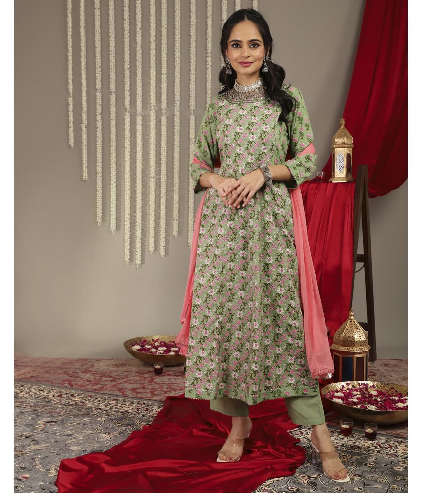     			Varanga Cotton Printed Kurti With Pants Women's Stitched Salwar Suit - Green ( Pack of 1 )