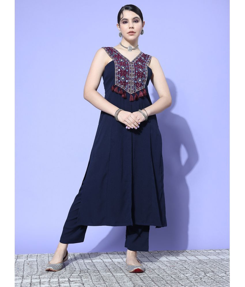     			Varanga Crepe Embroidered Kurti With Pants Women's Stitched Salwar Suit - Navy Blue ( Pack of 1 )