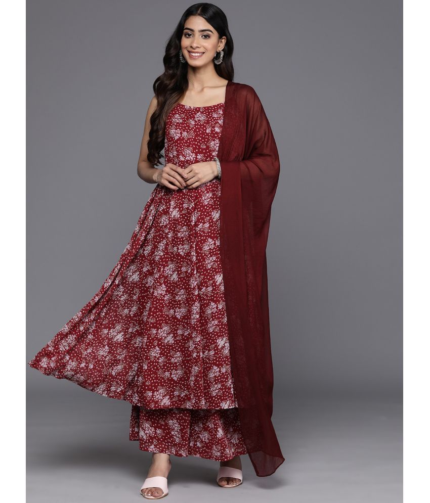     			Varanga Georgette Printed Kurti With Pants Women's Stitched Salwar Suit - Maroon ( Pack of 1 )