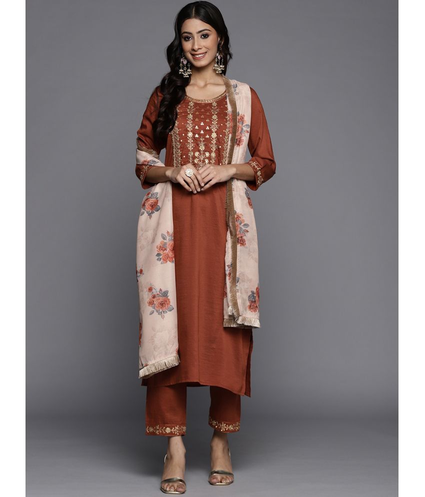     			Varanga Silk Blend Embroidered Kurti With Pants Women's Stitched Salwar Suit - Rust ( Pack of 1 )