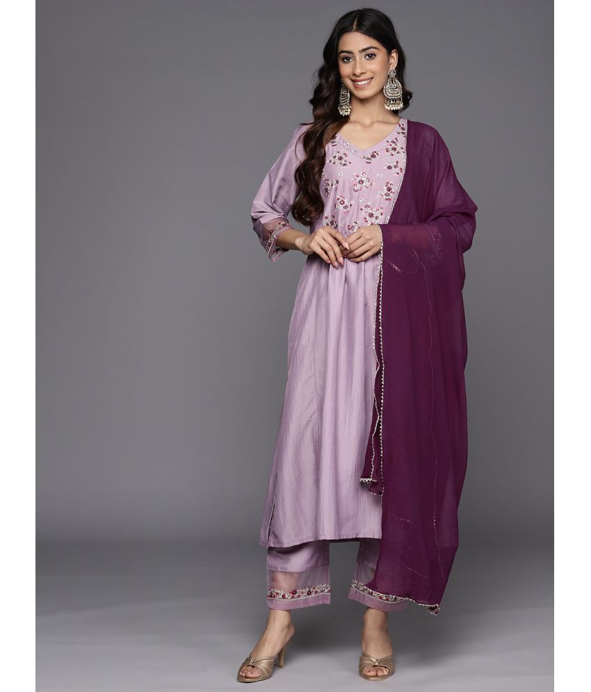     			Varanga Silk Blend Embroidered Kurti With Pants Women's Stitched Salwar Suit - Purple ( Pack of 1 )