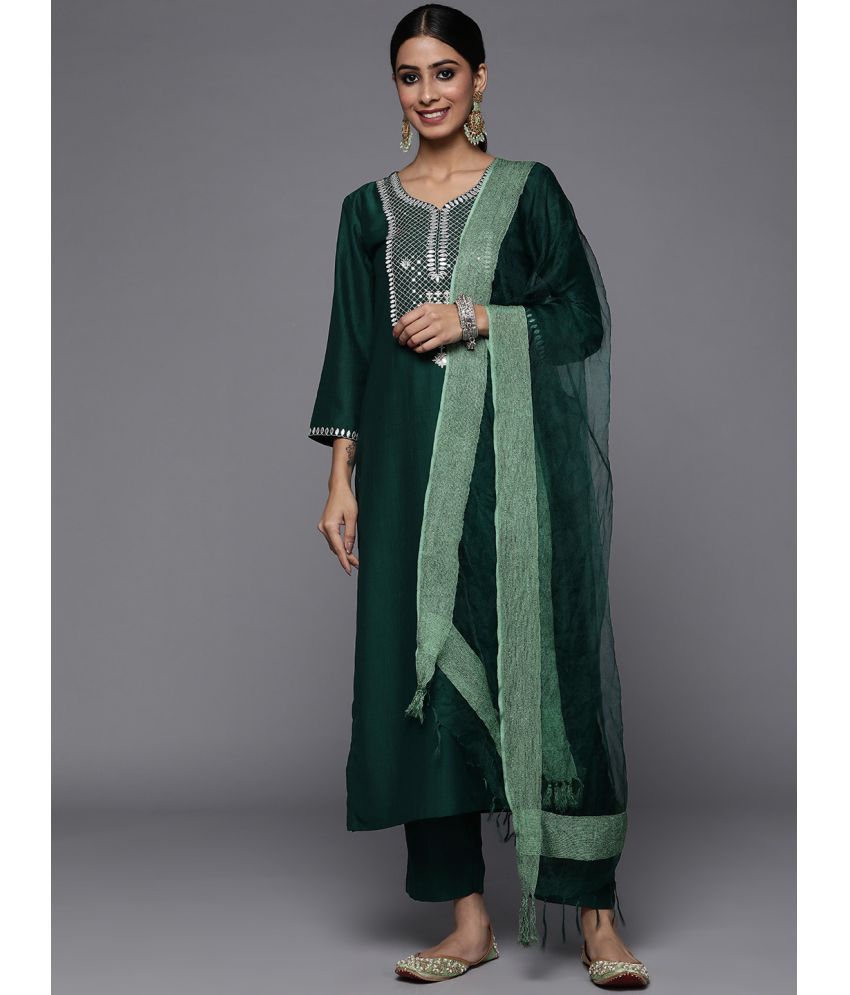     			Varanga Silk Blend Embroidered Kurti With Pants Women's Stitched Salwar Suit - Green ( Pack of 1 )
