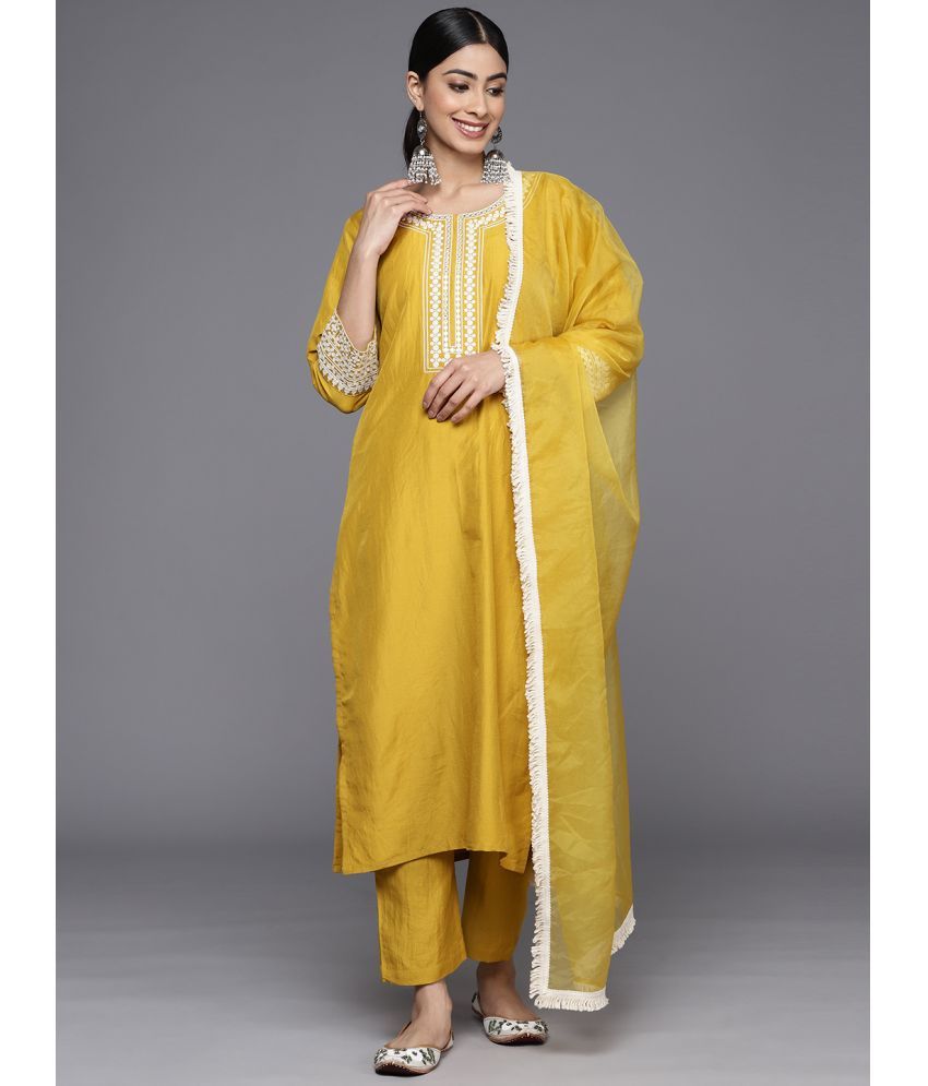     			Varanga Silk Blend Embroidered Kurti With Pants Women's Stitched Salwar Suit - Yellow ( Pack of 1 )