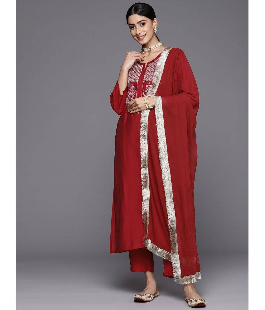     			Varanga Silk Blend Embroidered Kurti With Pants Women's Stitched Salwar Suit - Red ( Pack of 1 )