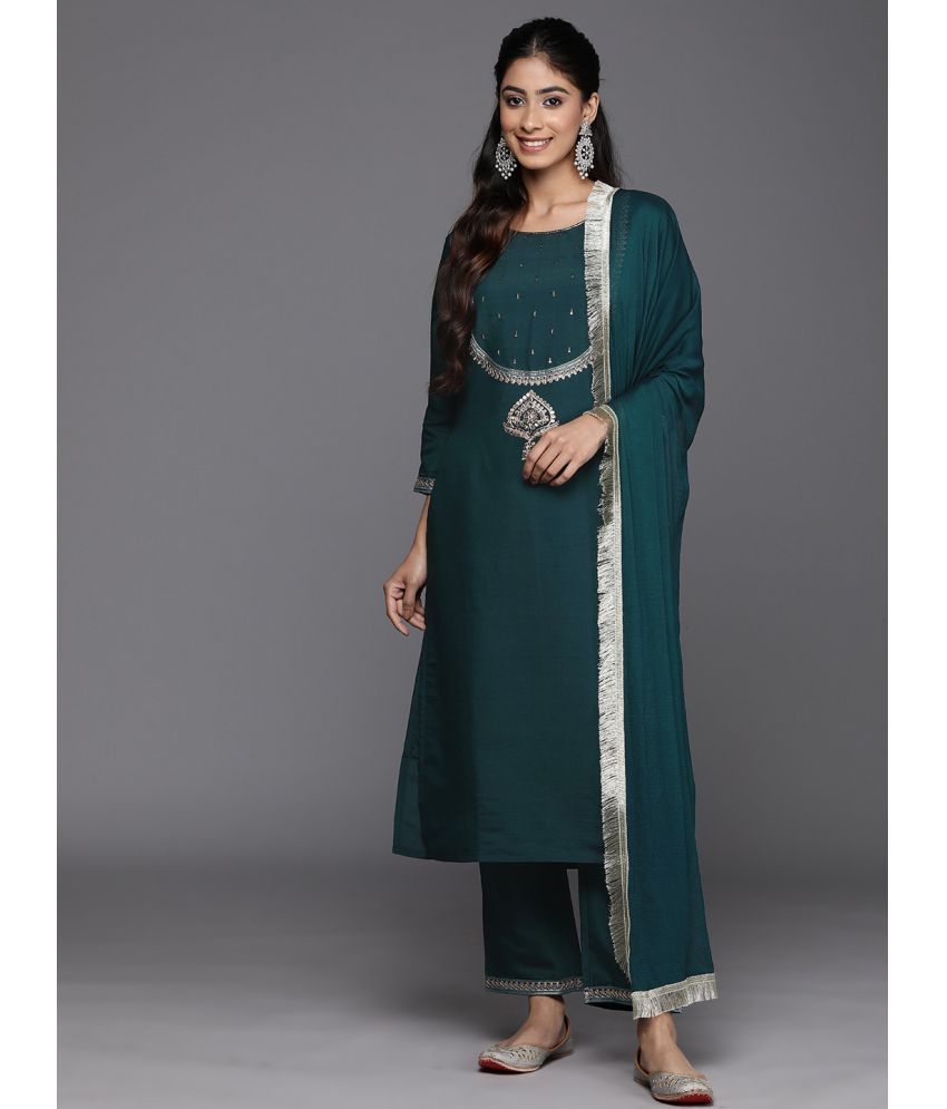     			Varanga Silk Blend Embroidered Kurti With Pants Women's Stitched Salwar Suit - Teal ( Pack of 1 )