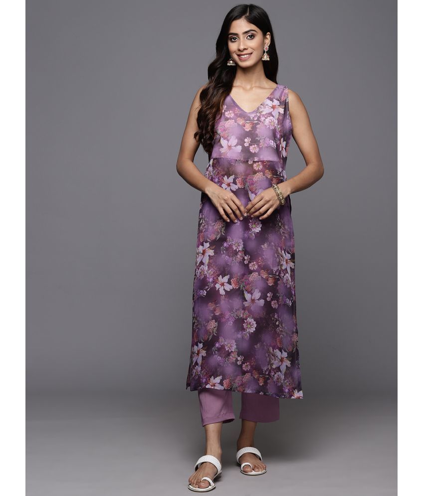     			Varanga Silk Blend Printed Kurti With Pants Women's Stitched Salwar Suit - Purple ( Pack of 1 )