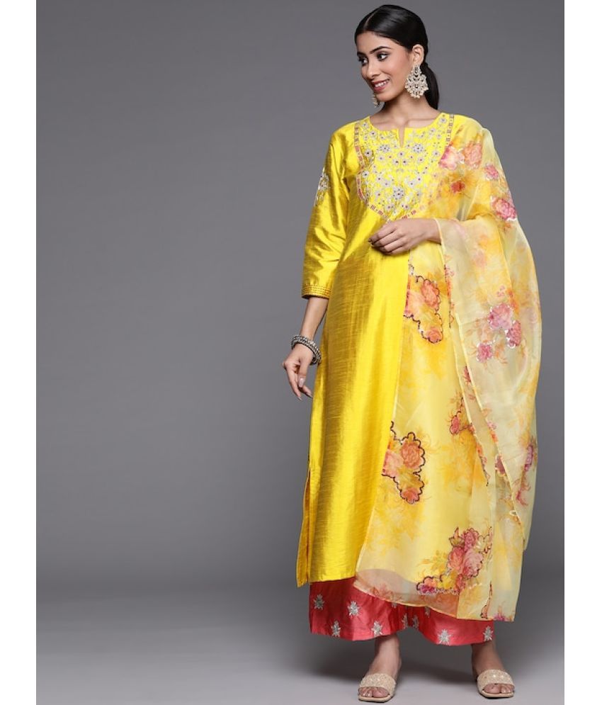     			Varanga Silk Blend Self Design Kurti With Pants Women's Stitched Salwar Suit - Yellow ( Pack of 1 )