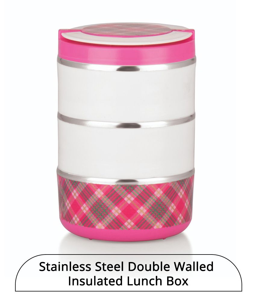     			HOMETALES Stainless Steel Double Walled Insulated Lunch Box 400ml, 400ml & 200ml, Pink, (3U)