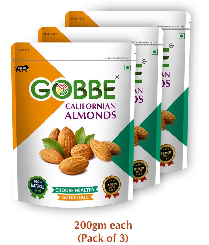     			GOBBE Premium Californian Almonds/Badam | Gluten Free & Low Calorie & High Protein Nuts | Healthy dry fruits- 600 Grams (Pack of-3)
