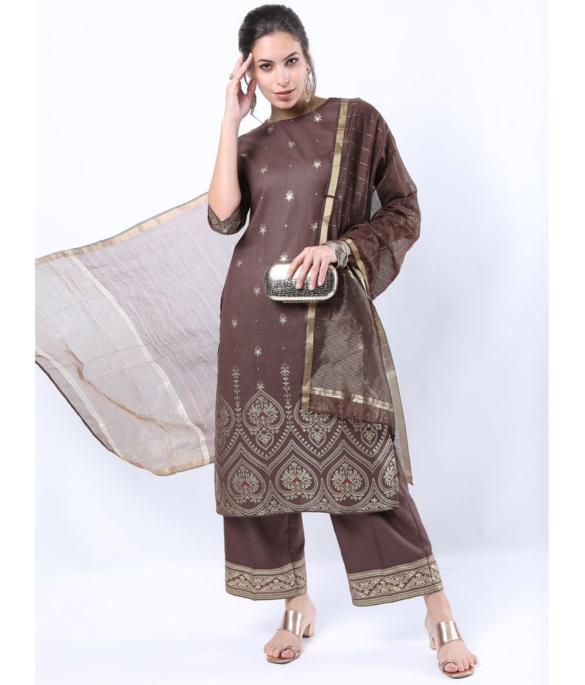     			Ketch Polyester Embellished Kurti With Palazzo Women's Stitched Salwar Suit - Brown ( Pack of 1 )