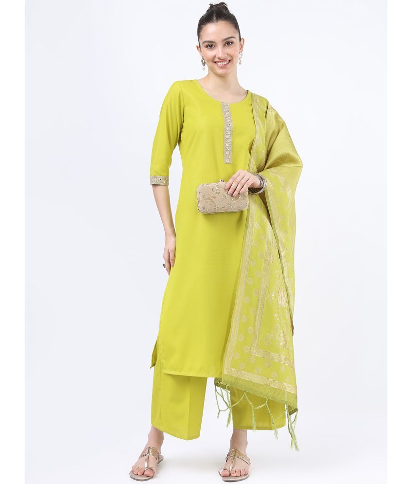     			Ketch Polyester Embellished Kurti With Palazzo Women's Stitched Salwar Suit - Lime Green ( Pack of 1 )