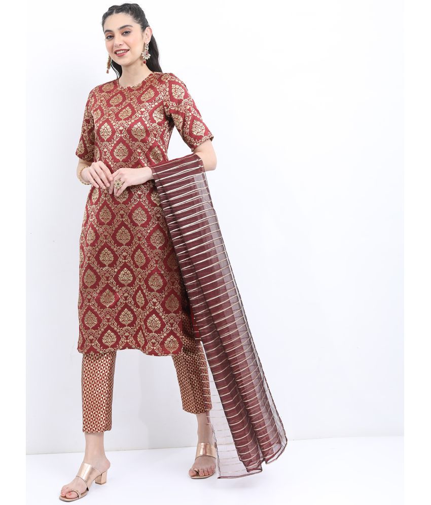     			Ketch Polyester Embellished Kurti With Pants Women's Stitched Salwar Suit - Maroon ( Pack of 1 )