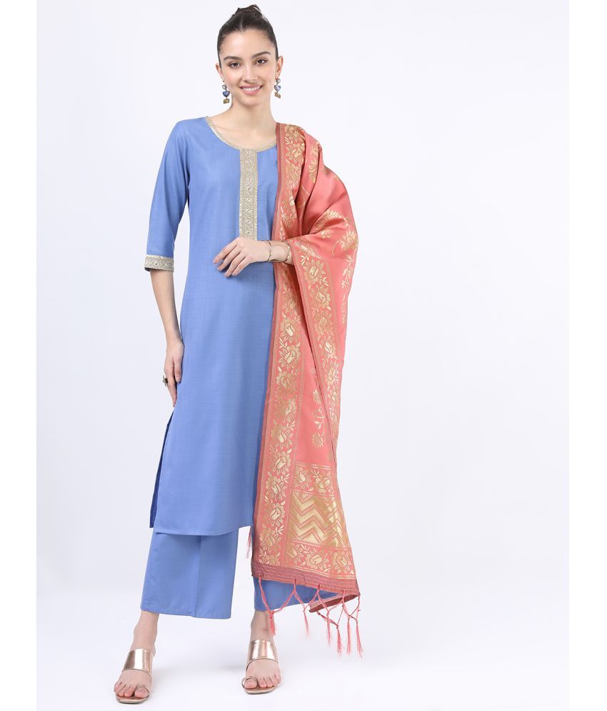     			Ketch Polyester Embellished Kurti With Palazzo Women's Stitched Salwar Suit - Blue ( Pack of 1 )