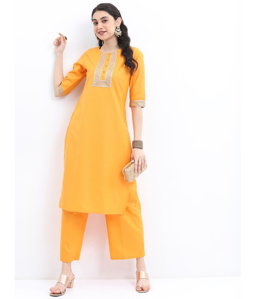     			Ketch Polyester Embellished Kurti With Palazzo Women's Stitched Salwar Suit - Yellow ( Pack of 1 )