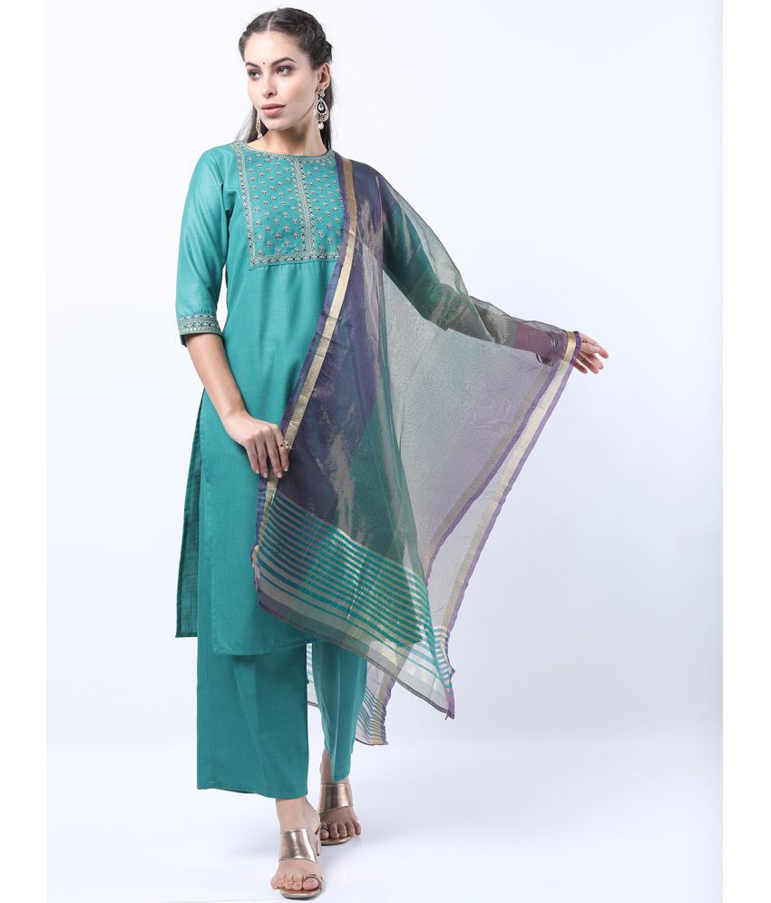     			Ketch Polyester Embroidered Kurti With Palazzo Women's Stitched Salwar Suit - Green ( Pack of 1 )