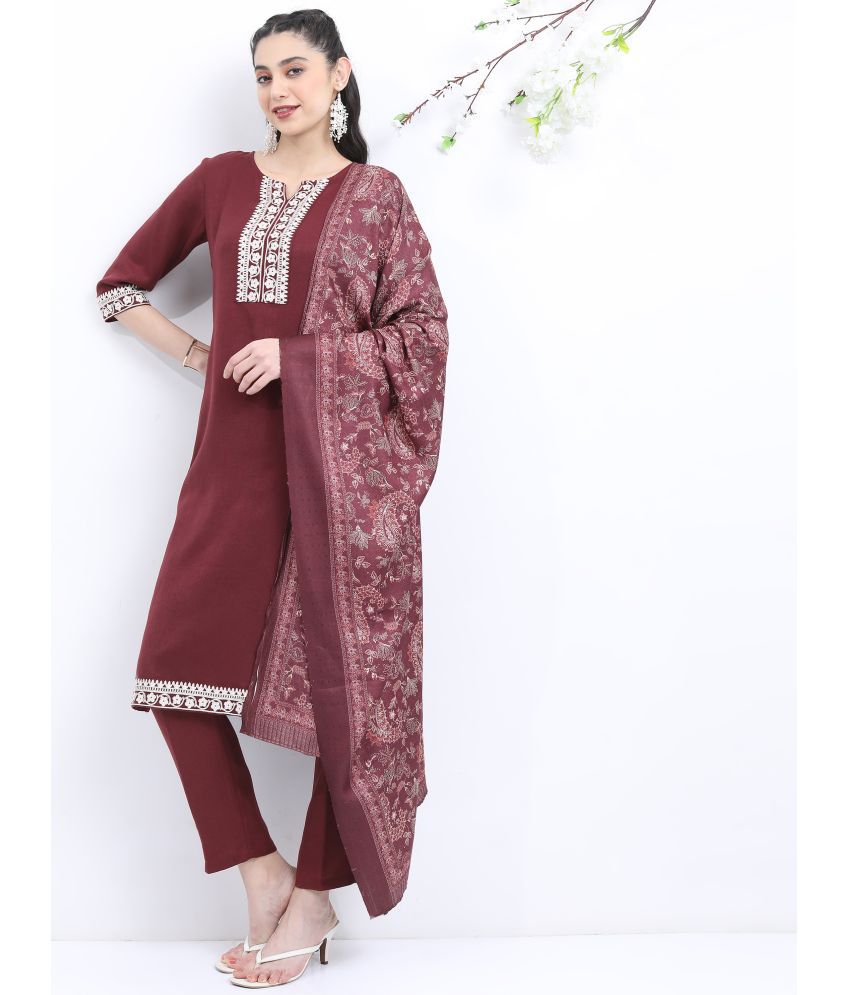     			Ketch Polyester Embroidered Kurti With Pants Women's Stitched Salwar Suit - Burgundy ( Pack of 1 )