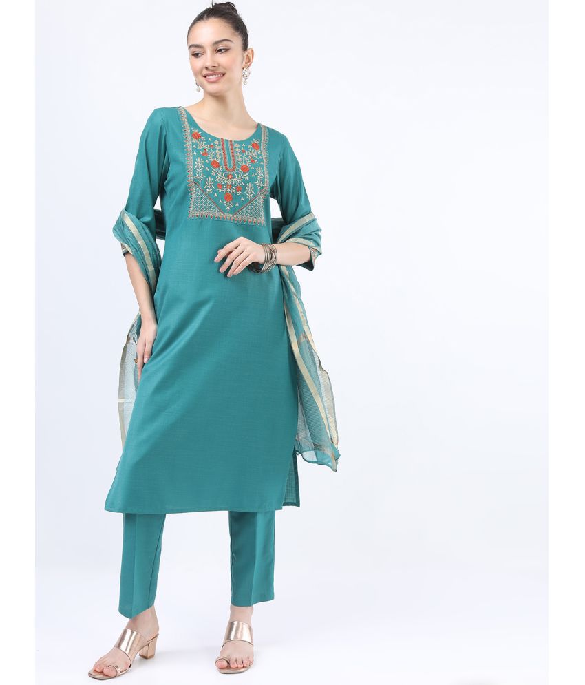     			Ketch Polyester Embroidered Kurti With Pants Women's Stitched Salwar Suit - Green ( Pack of 1 )