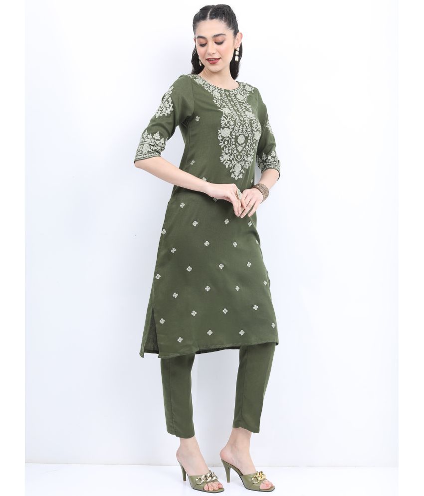     			Ketch Polyester Embroidered Kurti With Pants Women's Stitched Salwar Suit - Olive ( Pack of 1 )