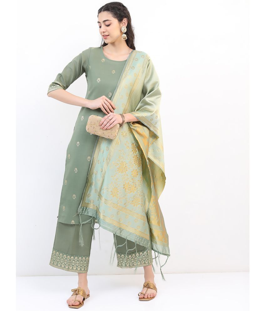     			Ketch Polyester Printed Kurti With Palazzo Women's Stitched Salwar Suit - Green ( Pack of 1 )