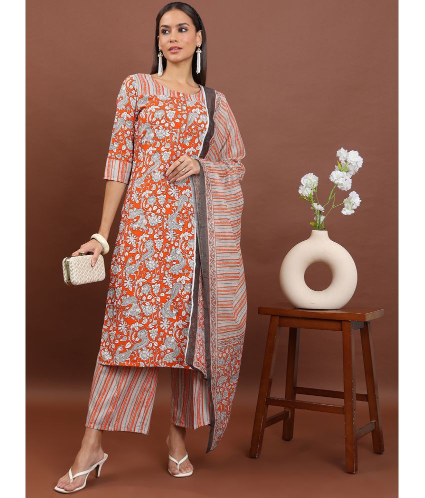     			Ketch Polyester Printed Kurti With Palazzo Women's Stitched Salwar Suit - Rust ( Pack of 1 )