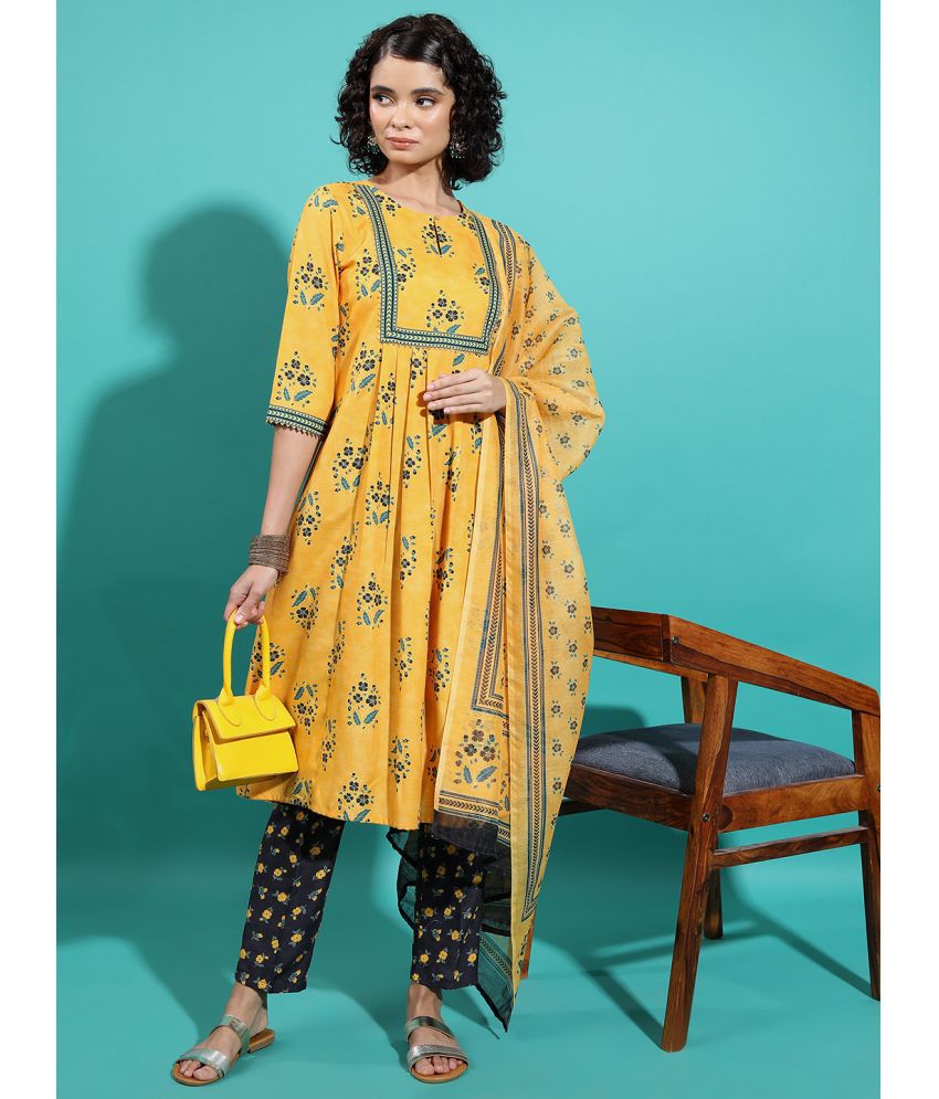     			Ketch Polyester Printed Kurti With Pants Women's Stitched Salwar Suit - Mustard ( Pack of 1 )