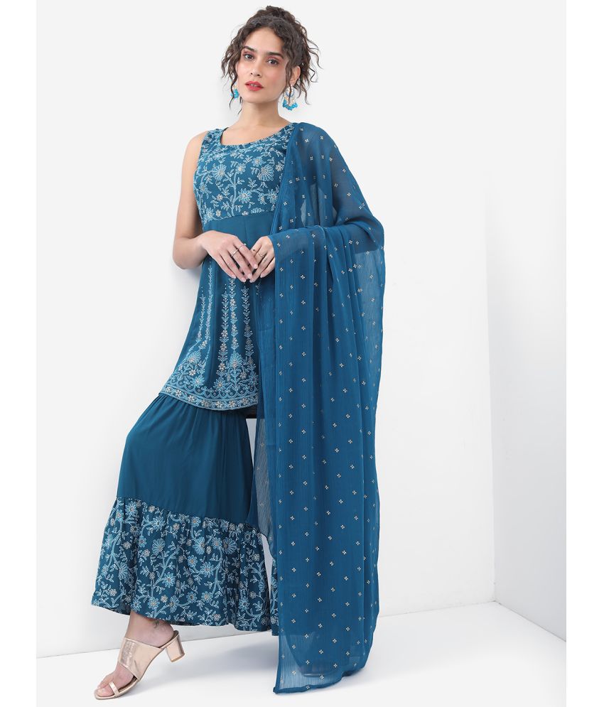     			Ketch Polyester Printed Kurti With Sharara And Gharara Women's Stitched Salwar Suit - Blue ( Pack of 1 )