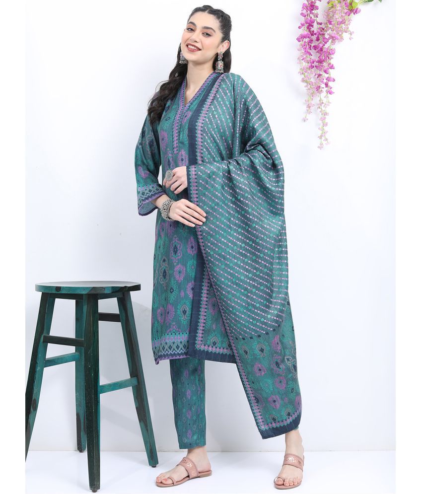     			Ketch Polyester Printed Kurti With Pants Women's Stitched Salwar Suit - Teal ( Pack of 1 )