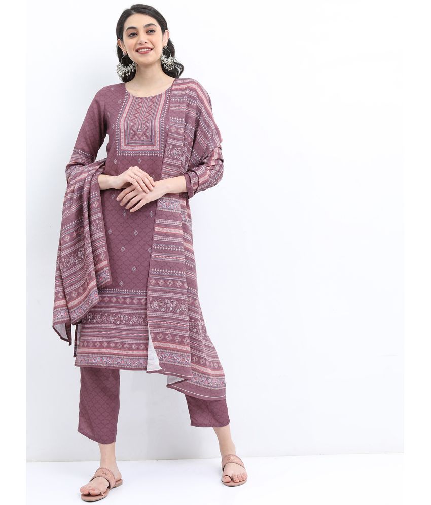     			Ketch Polyester Printed Kurti With Palazzo Women's Stitched Salwar Suit - Mauve ( Pack of 1 )