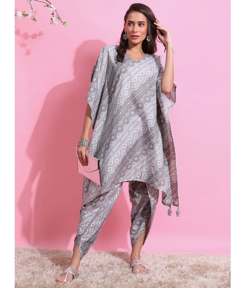     			Ketch Polyester Printed Kurti With Dhoti Pants Women's Stitched Salwar Suit - Grey ( Pack of 1 )