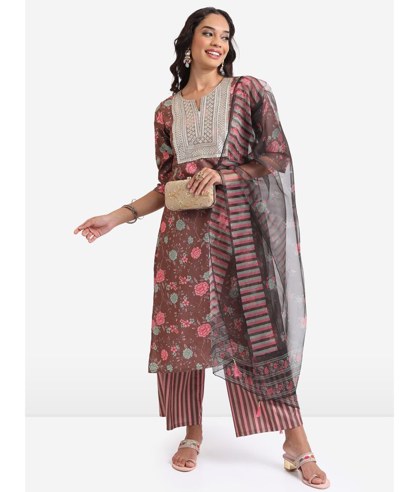     			Ketch Polyester Printed Kurti With Palazzo Women's Stitched Salwar Suit - Brown ( Pack of 1 )