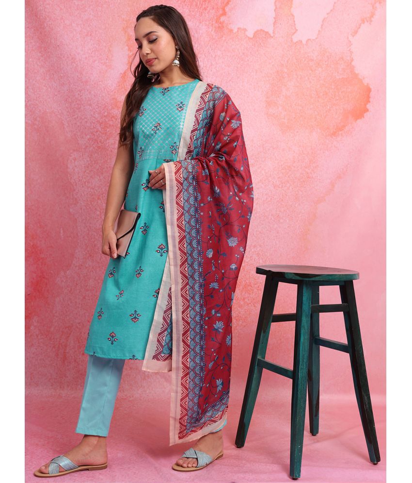     			Ketch Polyester Printed Kurti With Pants Women's Stitched Salwar Suit - Turquoise ( Pack of 1 )