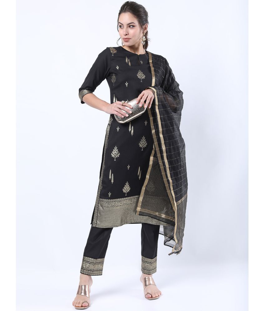     			Ketch Polyester Printed Kurti With Pants Women's Stitched Salwar Suit - Black ( Pack of 1 )