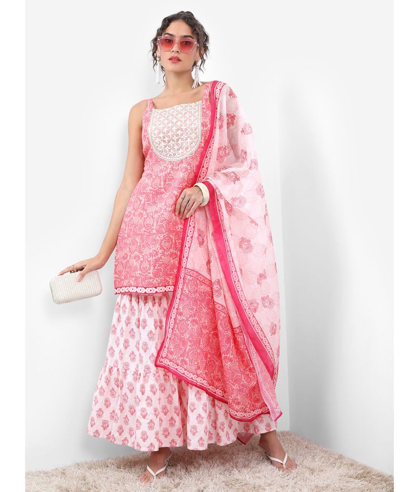     			Ketch Polyester Printed Kurti With Sharara And Gharara Women's Stitched Salwar Suit - Pink ( Pack of 1 )